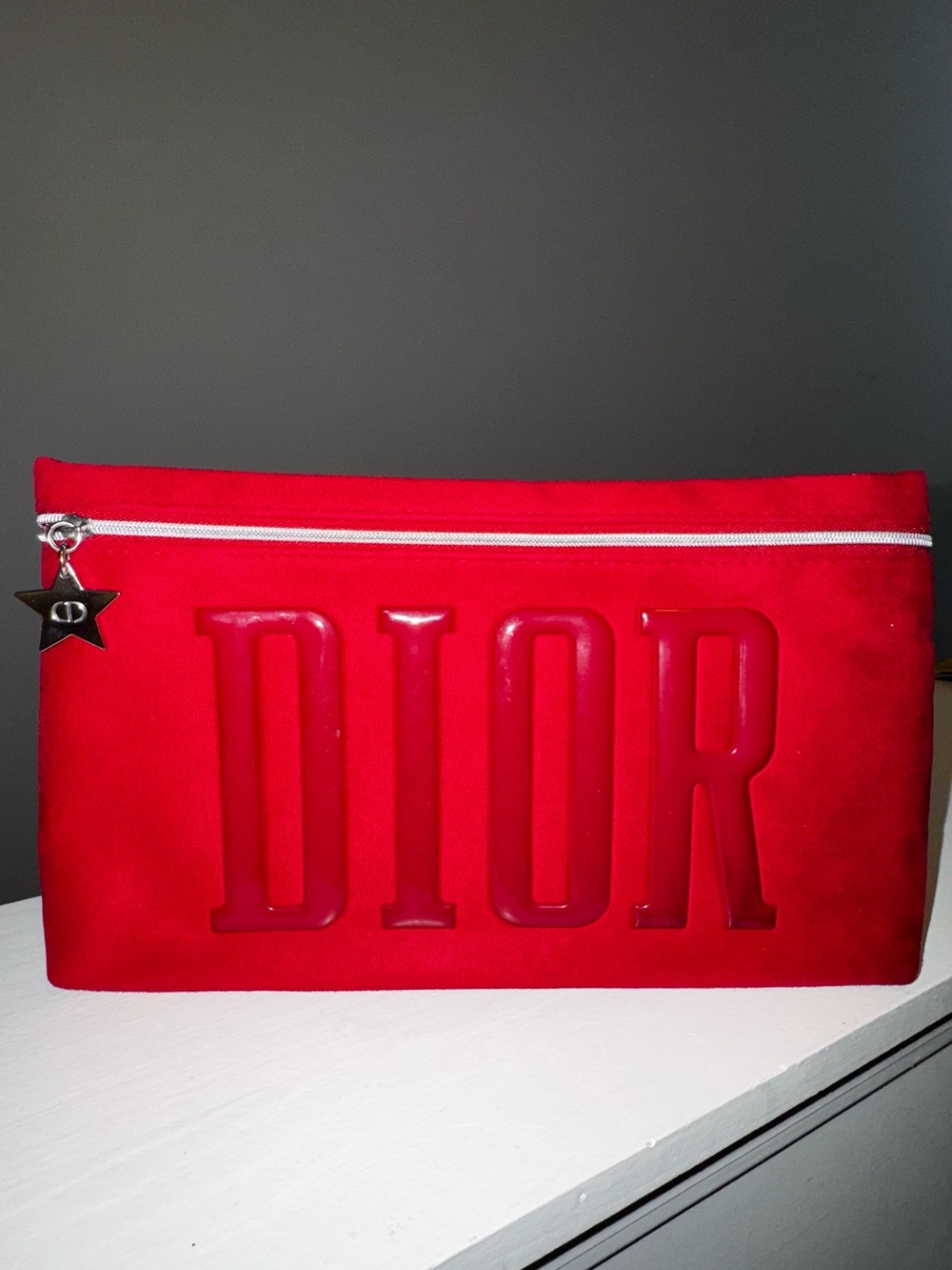 Dior Red Embossed Logo Cosmetic Pouch with Star Charm